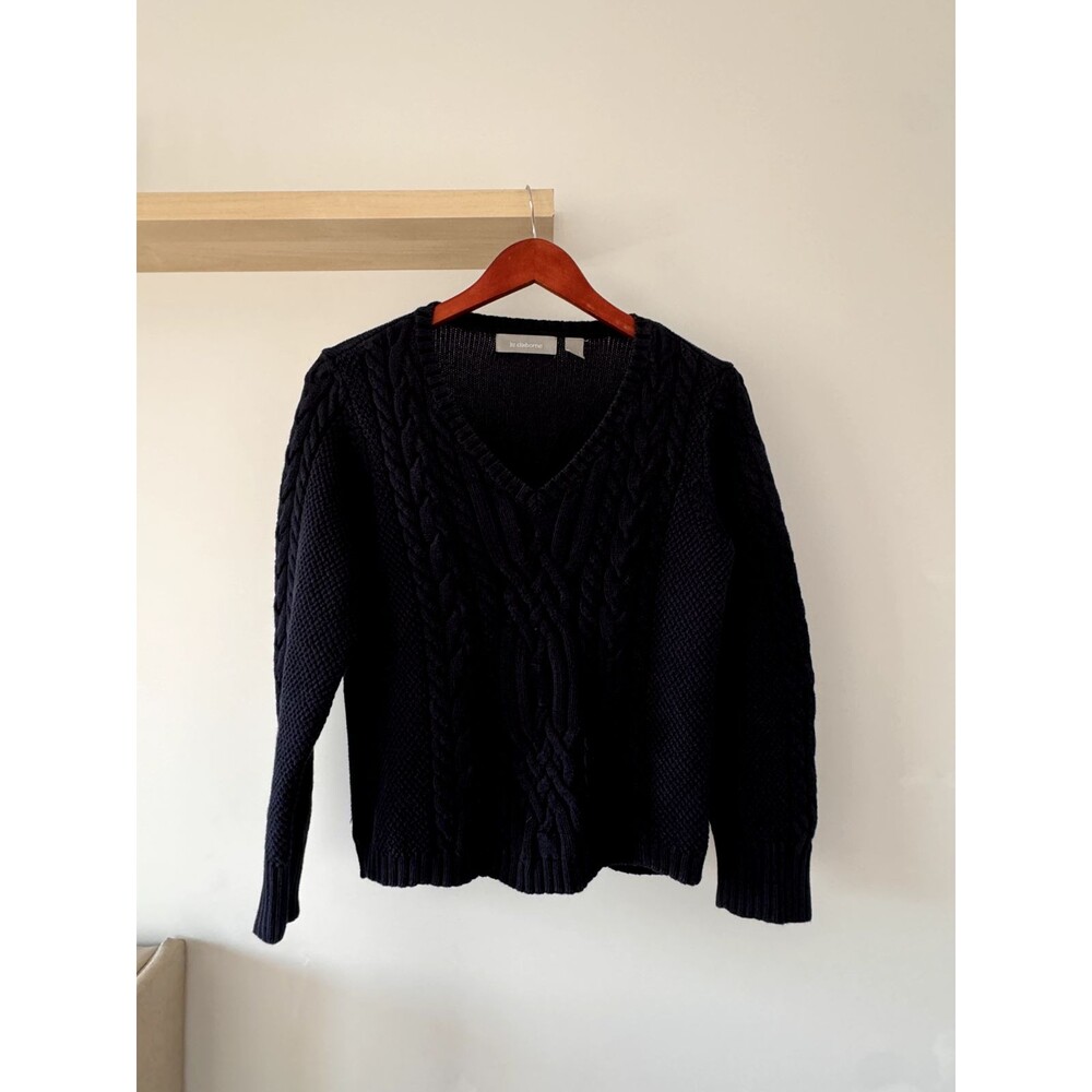 Liz Claiborne Womens Large VNeck Sweater Blue Ribbed Cotton Cable Knit Fisherman
